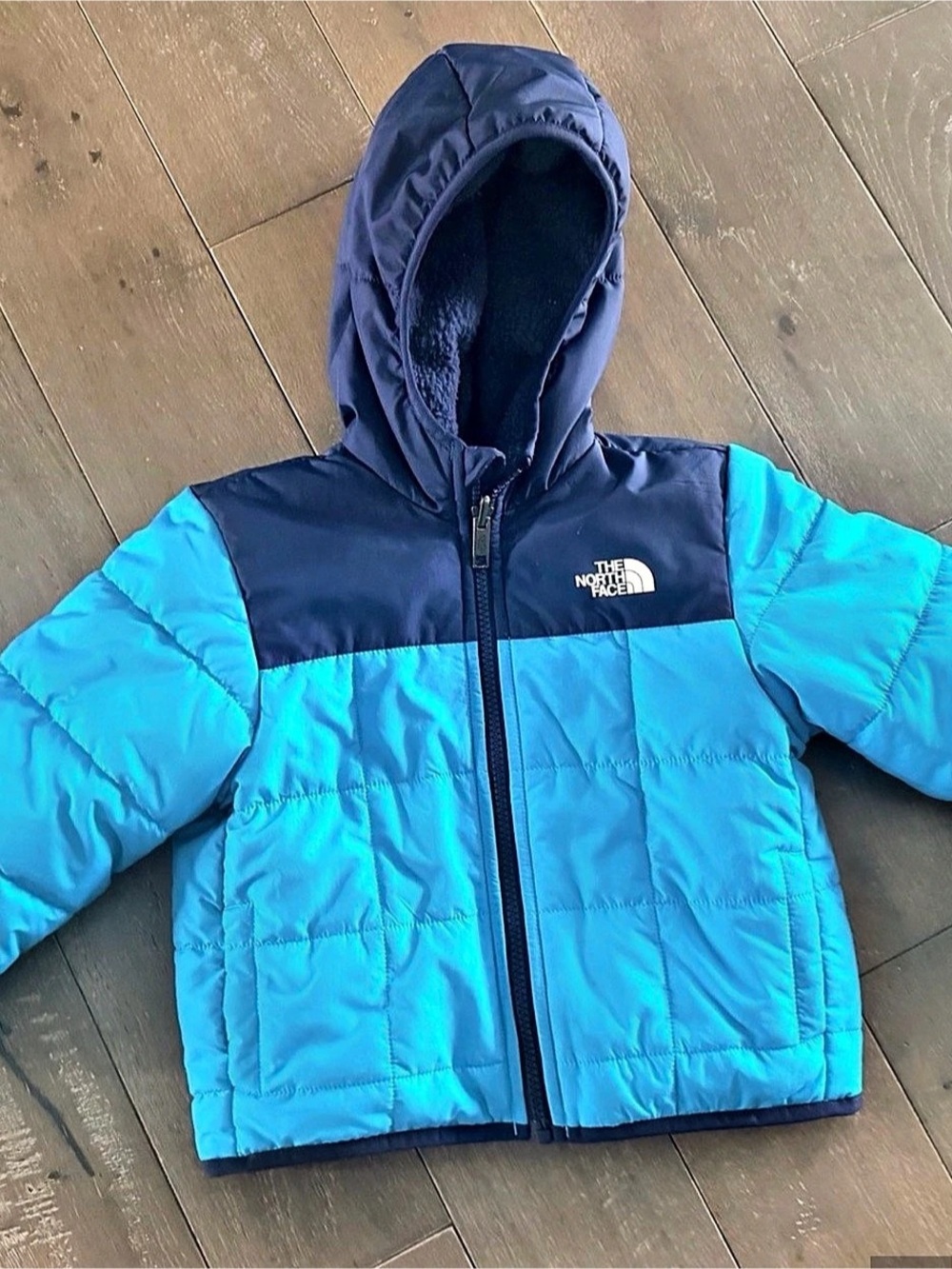 3T The North Face Toddler Reversible Mossbud Swirl Jacket Kids Blue Hooded Pu
